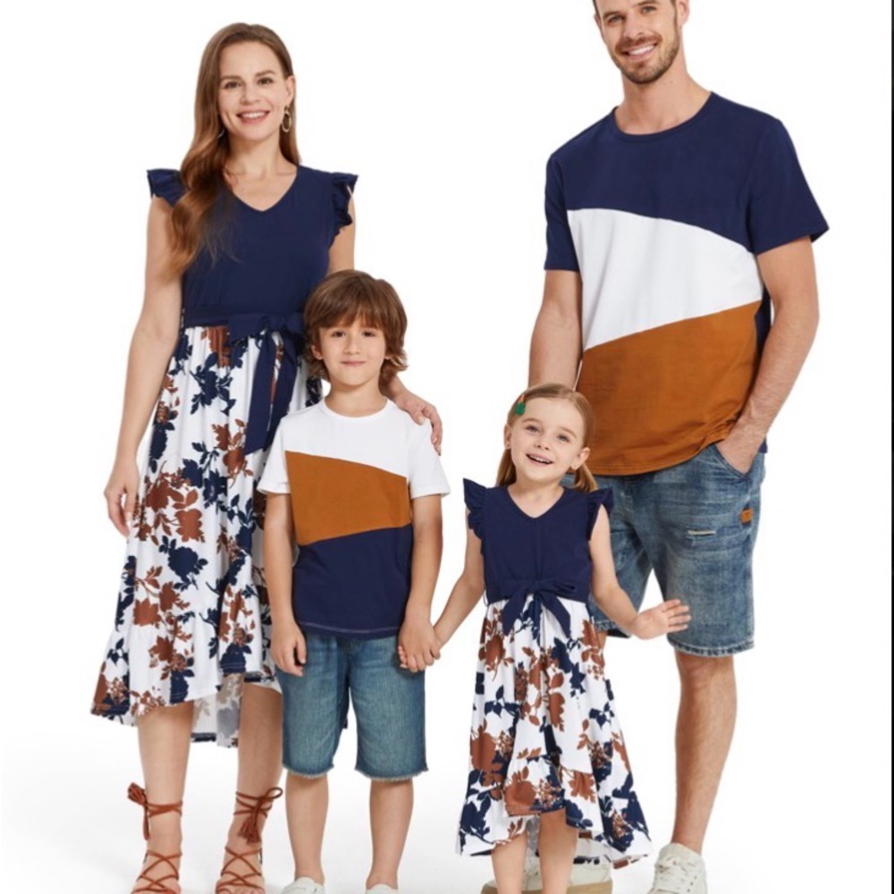 Family Matching Outfits in Blue and Brown